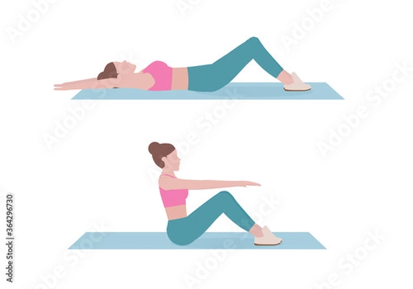 Obraz Woman doing exercises. Step by step instruction for Woman lie down on her back and curl upper body to the top for touch her knees. Fitness and health concepts.