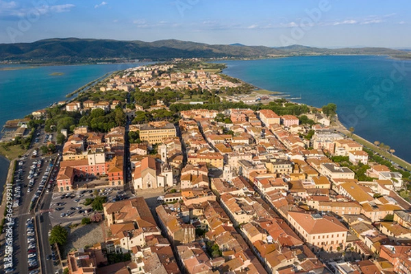 Obraz Aerial view of the seaside town of Orbetello on the tuscan coast in the maremma eastern lagoon and western lagoon