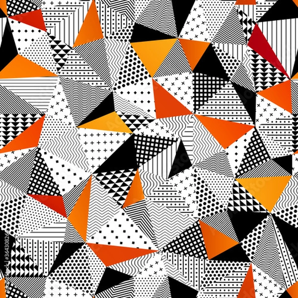 Fototapeta Triangle Seamless Pattern Patchwork Style. Contrasting fashionable polygonal backdrop with black and orange panes. Beautiful geometric design for various craft projects.