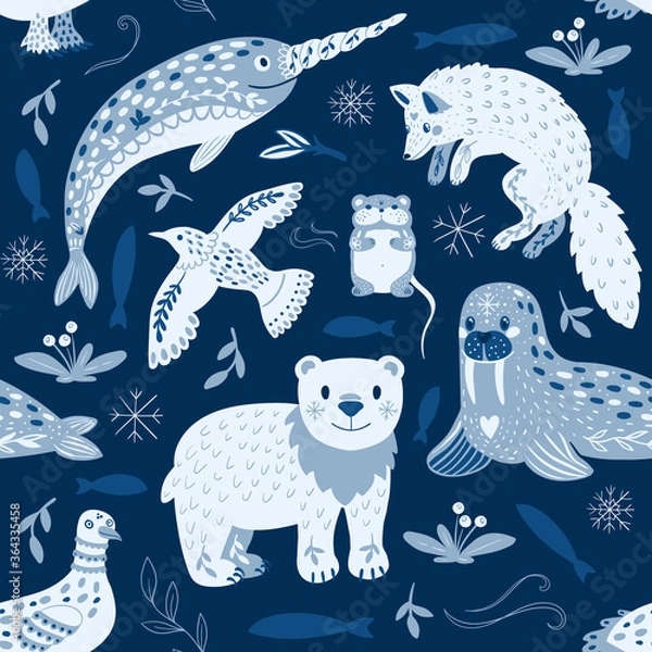 Fototapeta Cartoon vector seamless pattern of Arctic animals