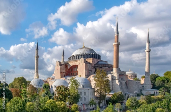 Fototapeta Istanbul Turkey – April 05, 2019:  Sunny day architecture and Hagia Sophia Museum, in Eminonu, istanbul, Turkey  