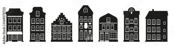Obraz Black houses silhouette Amsterdam set. Graphic icon townhouse, european stayle. Glyph urban and suburban home cottage. Different architecture building tall town. Isolated on white vector illustration