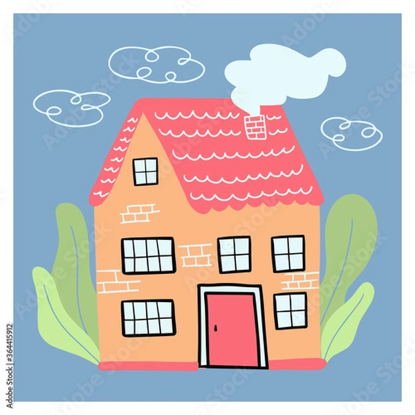 Obraz A flat-style cottage with Windows, smoke from the chimney, a tiled roof and large leaves and clouds on the background. Vector illustration. Poster or illustration for your design.