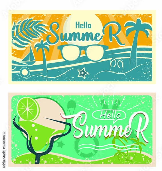 Obraz Summer banner vector set, backgrounds with copy space for text, have green color and yellow color with some  blue color, have tree, leaf, juice, design by global stock image dot com