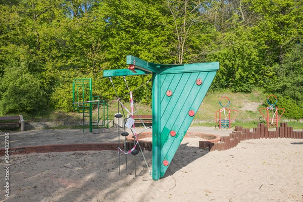 Obraz Gdynia, Poland 09 May 2020; Closed playground during the coronavirus pandemic. Children during Covid-19
