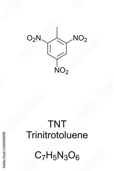 Fototapeta TNT, Trinitrotoluene chemical structure and formula. 2,4,6-trinitrotoluene, a chemical compound and yellow solid, known as explosive material with convenient handling properties. Illustration. Vector.