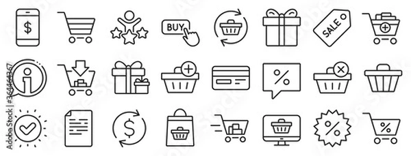 Fototapeta Gift box, Present coupon and Sale offer tag signs. Shopping line icons. Shopping cart, surprise gift and Delivery symbols. Speech bubble, Discount tag coupon , Credit card. Online sale. Vector