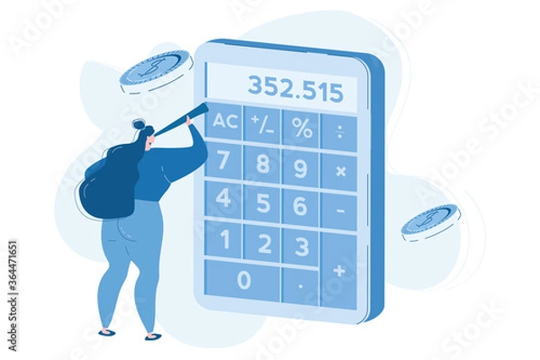 Fototapeta Money savings estimation,, calculator, coins, Vector illustration for web banner, infographics, mobile. 