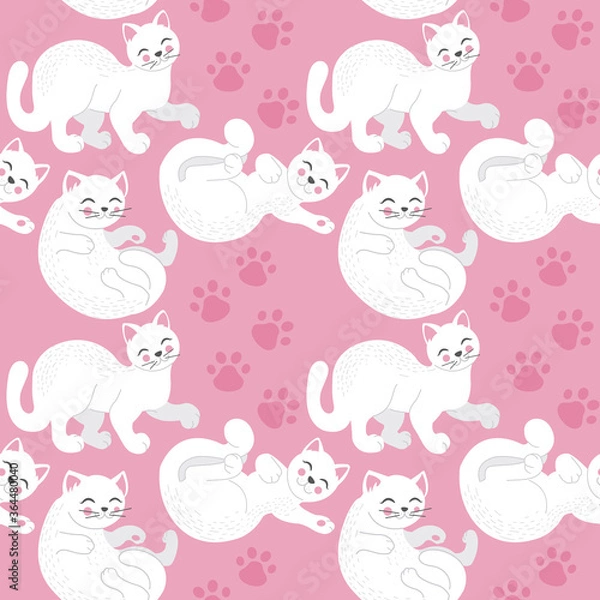 Fototapeta Seamless childish pattern with cute cats on pink background. Creative kids hand drawn texture Vector illustration