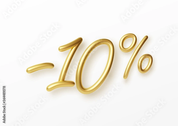 Fototapeta Realistic golden text 10 percent discount number. Vector illustration