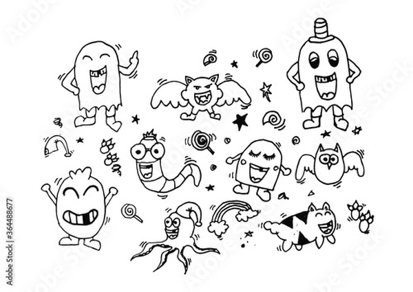 Obraz Doodle set of objects from a toothless laugh, black and white outline. Funny cartoon with cute childish face expressions, toothless smile, amazed emotion, emoji, emoticon, funny monster