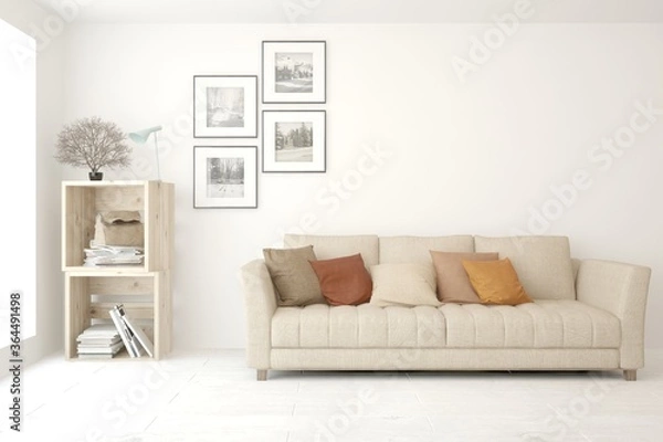 Fototapeta White stylish minimalist room with sofa. Scandinavian interior design. 3D illustration