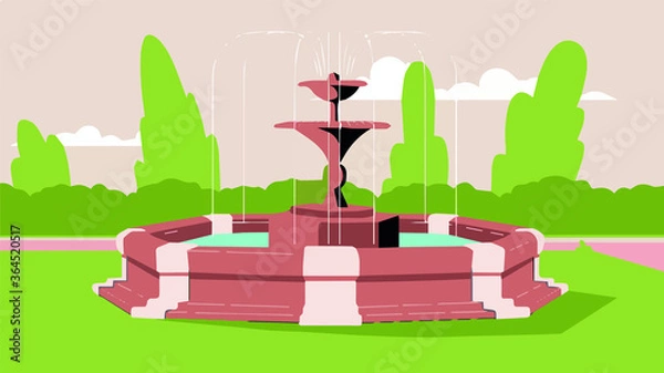 Fototapeta in the garden there is a fountain from which water flows, in the background there are trees,the fountain is on the lawn,vector,cartoon.