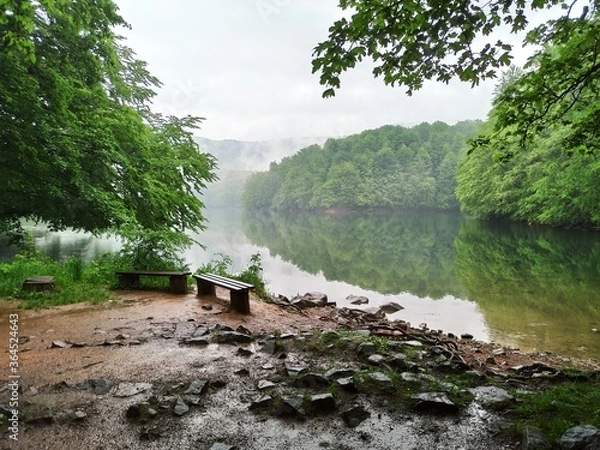 Fototapeta Benches on shore of calm river. Benches located on wet coast of peaceful river on foggy summer day in countryside