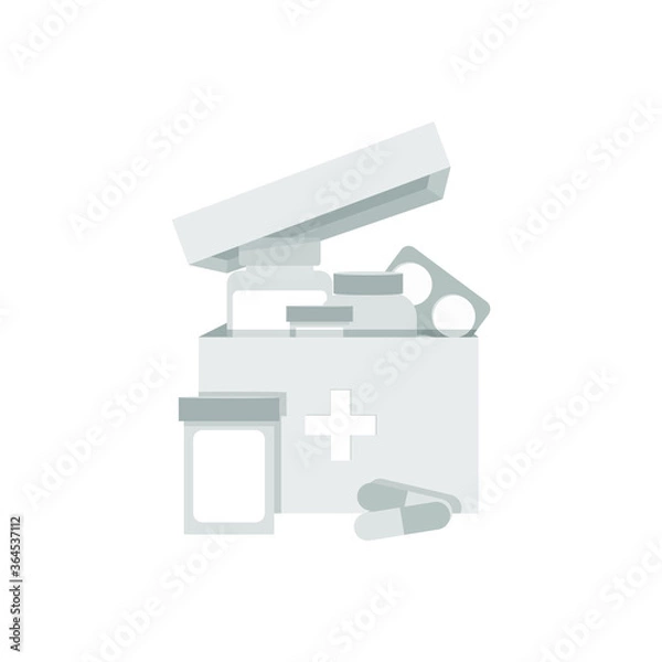 Fototapeta Box with medicines pills with bottles.  Medicine vector illustration, flat cartoon design isolated on white background, eps 10.