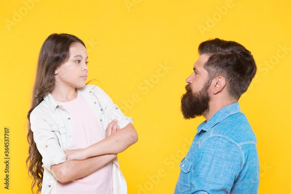 Fototapeta Communicate on equal terms. Father and daughter. Child and father best friends. Parenthood and childhood. Fathers day concept. Lovely father and cute kid. Family relations. Communication skills