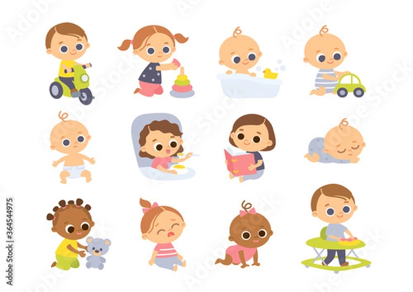 Obraz Big set of baby toddlers in various poses, different nationalities, cartoon characters. Babies playing with toys.
