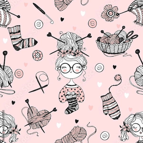 Fototapeta Seamless pattern on the theme of knitting with cute knitter girls in Doodle style. Vector.