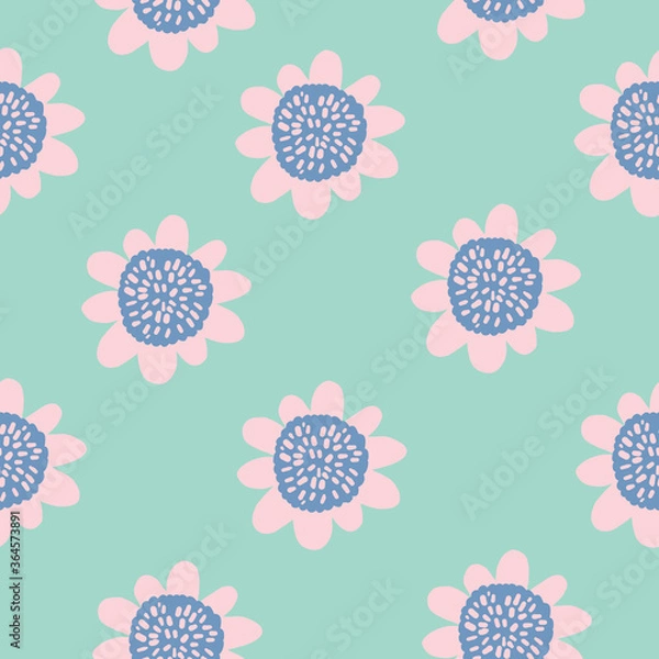 Obraz cute 60s vintage Retro floral with teal pink and blue simple flowers. pattern with mint background. 