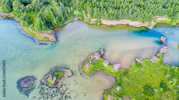 Fototapeta Aerial View of Mývatn Lake in Iceland on a sunny polar night