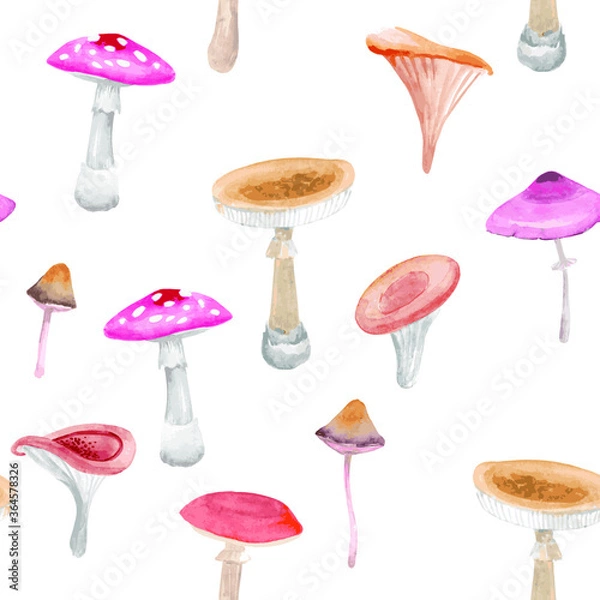 Fototapeta Mushrooms. Hand drawn watercolor painting on white background. Vector pattern