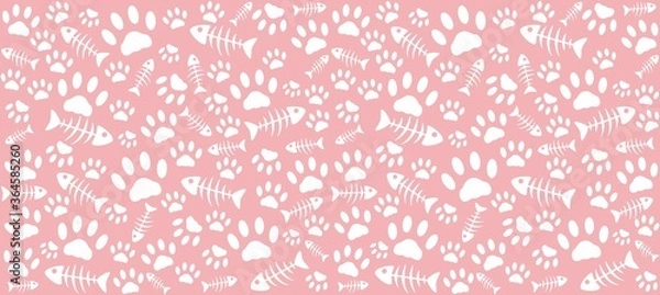 Fototapeta Odciski łap kota i szkielety białej ryby na różowym tle. Niekończące się wektor wzór śladów kota. Poduszki i ości rybne