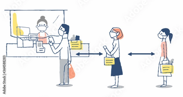 Fototapeta 距離をとってレジに並ぶ人々