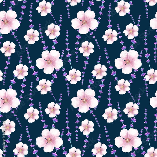 Fototapeta seamless pattern with pink and violet flowers on dark blue background
