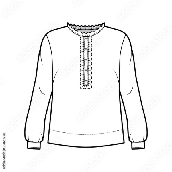 Fototapeta Shirt technical fashion illustration with oversized body, concealed button fastenings along front, ruffles, cropped sleeves. Flat apparel template front, back, white color. Women, men unisex mockup