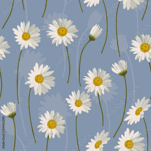 Obraz Seamless pattern with white daisies on blue background. Vector illustration