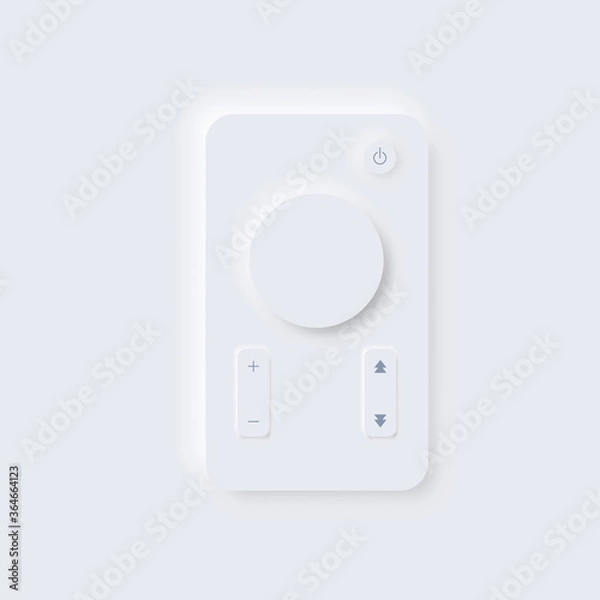 Obraz Remote control. Neomorphism user interface of the application. UI template for mobile applications on the phone screen with buttons to increase decrease volume, power. Light clay minimal device Vector
