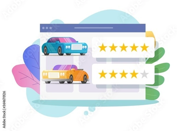 Fototapeta Car review rating online or automobile digital testimonial feedback and customer reputation internet web shop vector flat colorful icon, vehicle rental shop rank or test drive auto access