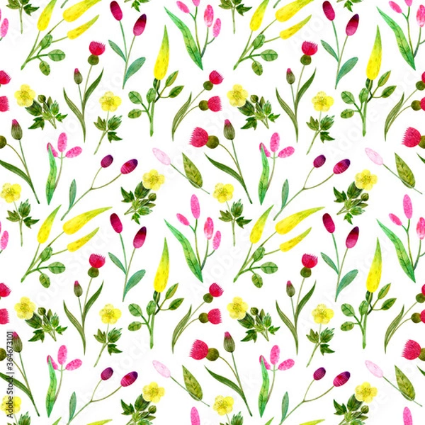 Fototapeta Seamless pattern of wild wildflowers with yellow and pink flowers