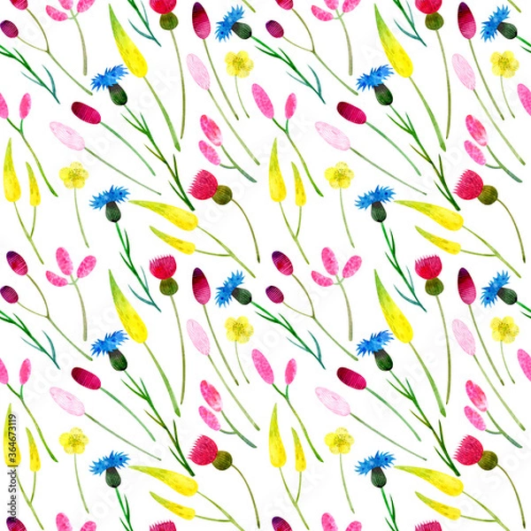 Obraz Seamless pattern of wild wildflowers with yellow, blue and pink flowers