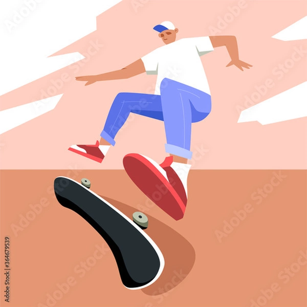 Fototapeta Fashionable young guy in a white T-shirt riding a skateboard. Athlete in a flat cartoon style. Gentle illustration for poster, web design.