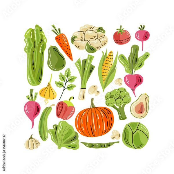 Fototapeta Vector vegetables on the light background. A bright illustration of healthy fresh food. Isolated design elements. 