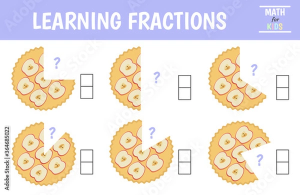Fototapeta A math fractions worksheet.  Learning  fractions. Pie. Vector illustration