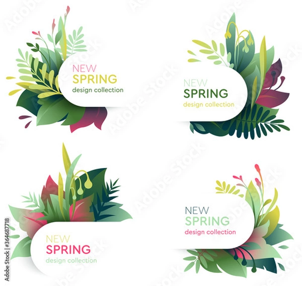Fototapeta Spring theme stickers set. Creative compositions of young leaves and branches. Floral design templates for posters, labels, flyers or social media covers. Flat style graphic vector illustration