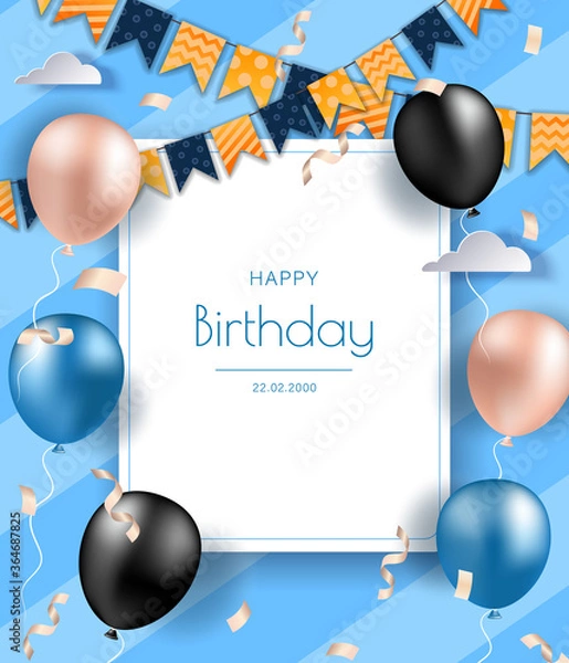 Fototapeta Birthday banner with realistic balloons. Celebration birthday party invitation background with greetings and colorful balloons and birthday elements.