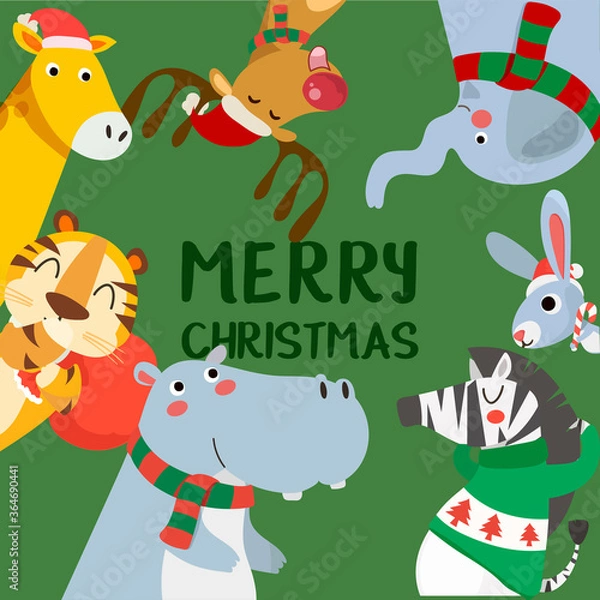 Fototapeta Merry Christmas greeting card with Tiger, rabbit, hippopotamus, giraffe and zebra. Cute holiday cartoon character vector. Happy new year.