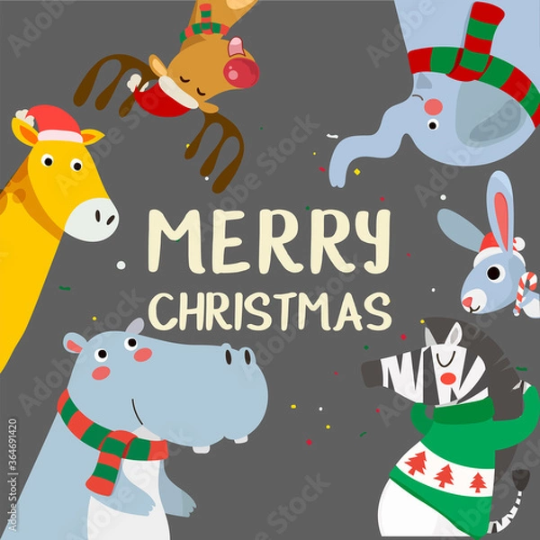 Fototapeta Merry Christmas greeting card with Tiger, rabbit, hippopotamus, giraffe, and zebra. Cute holiday cartoon character vector. Happy new year.