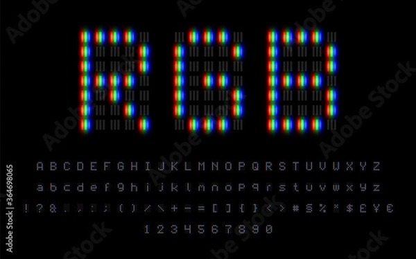 Obraz RGB pixel font set with numbers and glyphs, red-green-blue pixels, vector illustration