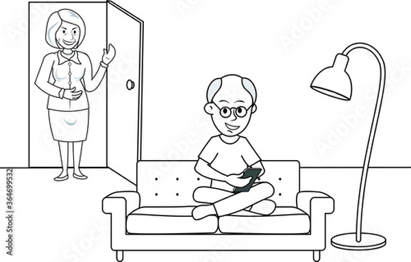 Obraz Man working using mobile phone sitting on sofa lamp woman behind