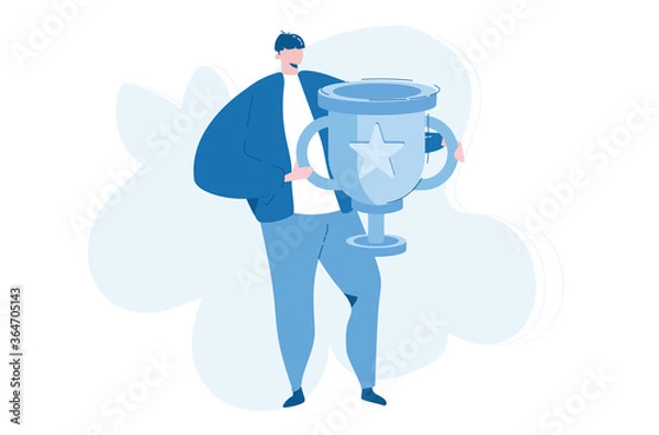Fototapeta Man win a prize, big cup. Vector illustration for web banner, infographics, mobile. 