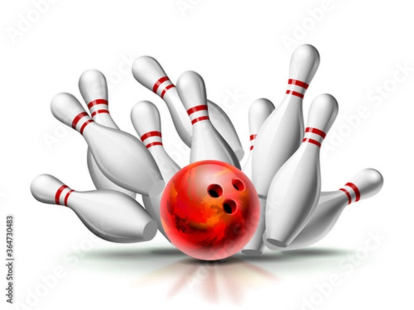 Fototapeta Red Bowling Ball crashing into the pins. Illustration of bowling strike isolated on white background.