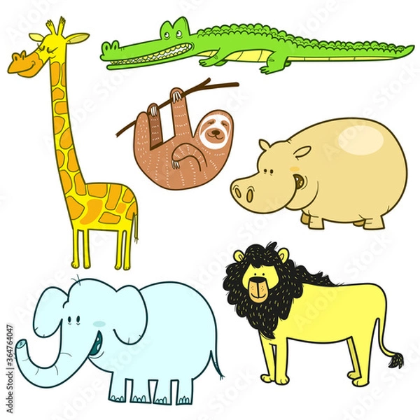 Fototapeta Hand drawn set of different jungle animals