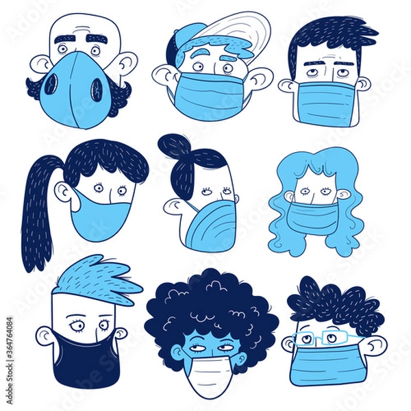 Fototapeta Set of  faces of people with masks. Hand-drawing.