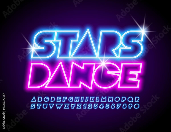 Fototapeta Vector party poster Stars Dance with Blue Neon Alphabet Letters and Numbers. Glowing abstract Font