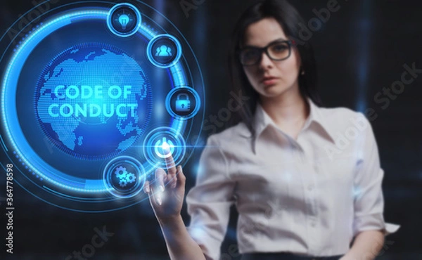 Fototapeta Business, Technology, Internet and network concept. Young businessman working on a virtual screen of the future and sees the inscription: Code of conduct