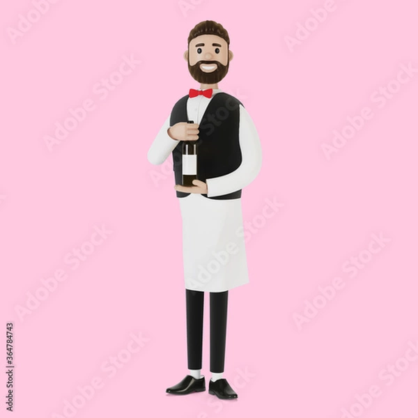 Fototapeta Cartoon character of a waiter with a bottle of wine. 3D illustration.